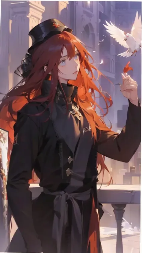 anime girl with long red hair and hat holding a bird, artwork in the style of guweiz, painted in anime painter studio, ilya kuvshinov with long hair, guweiz, made with anime painter studio, artgerm and atey ghailan, beautiful anime portrait, anime girl wit...