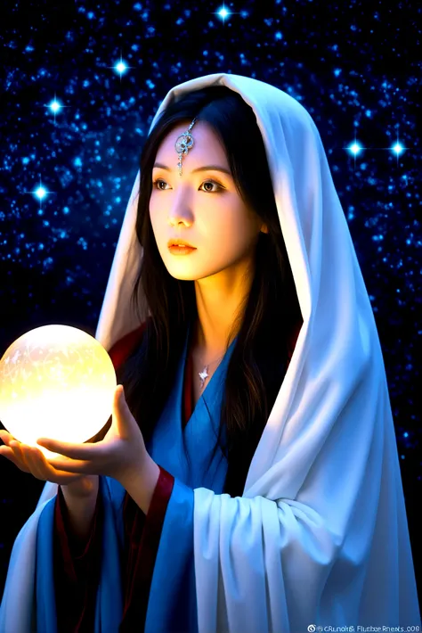 Astrologer, mystery, ancient, Starry sky background, Hold a crystal ball, Staring into the distance, The cloak flutters, night, Candlelight, ancient书籍, Star motif, Magic Runes, mystery氛围, Detailed description, High quality details, Artistic effects