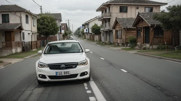 A white car with people is driving down the street past wooden houses in a deserted area