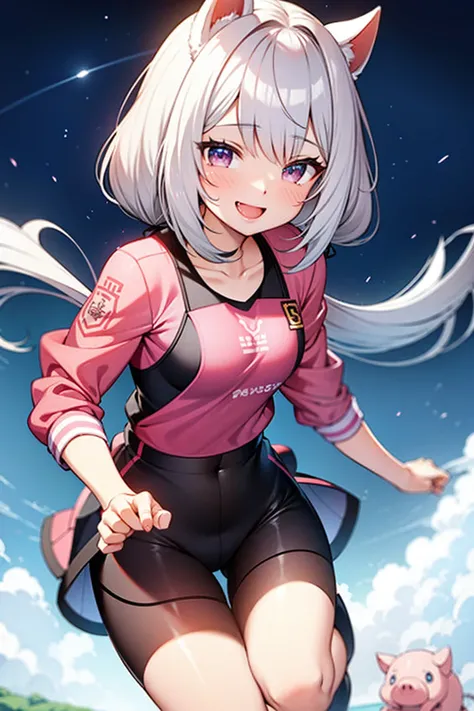 pig ear, pig gIrl, silver hair, smile, running, virtual youtuber