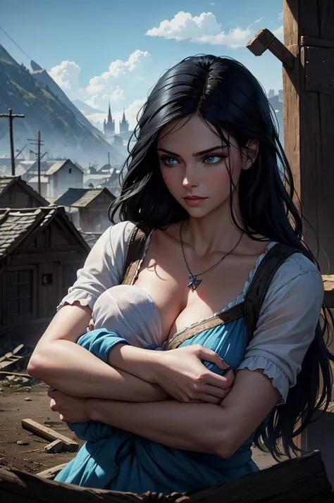 Newly giving birth woman lying down holding her baby in her arms, woman Black hair, blue eyes, Baby man, blue eyes, black hair. Destroyed town background, The Witcher.