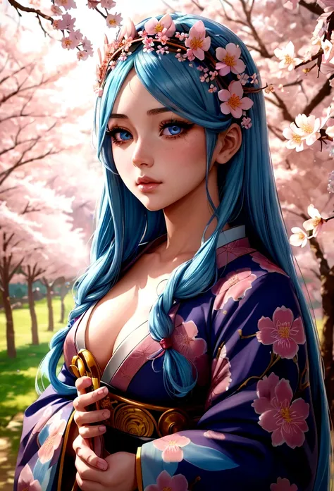 a manga cover, girl with long blue hair, beautiful detailed eyes, beautiful detailed lips, extremely detailed face, long eyelashes, intricate detailed hairstyle, ornate flower crown, wearing Japanese , standing in cherry blossom garden, glowing sakura peta...