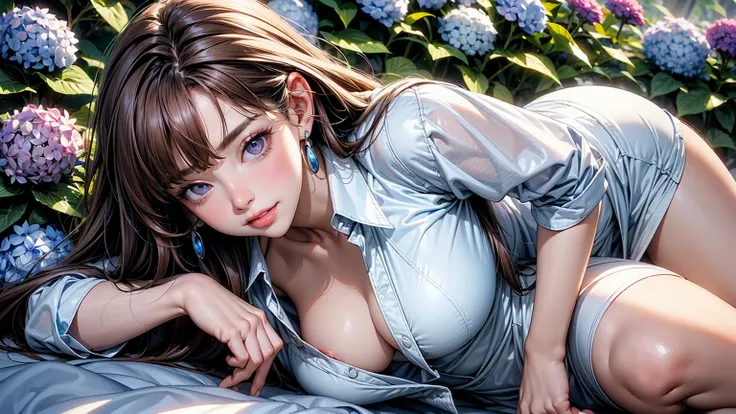 masterpiece、high resolution 8k、NSFW、sharp focus、contrast lighting、fine skin、muste piece、 highest quality、Ultra - High resolution、Super high resolution、Highly detailed CG、woman is laying down in a field of Hydrangea purple flowers、woman is wearing a pair of...