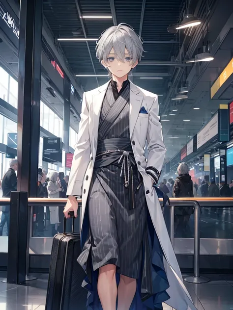 1boy, ((grey hair)), beautiful boy, ((indigo eyes)), ((idol costume)), dress, airport