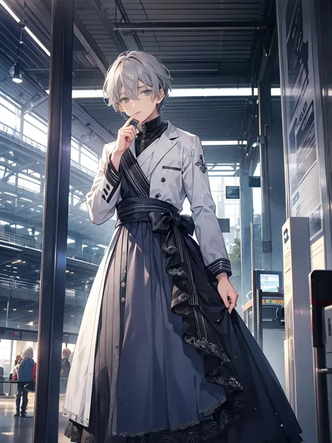 1boy, ((grey hair)), beautiful boy, ((indigo eyes)), ((idol costume)), dress, airport