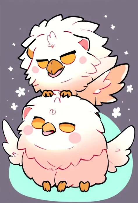 "Create a cute chibi-style character of a griffin. The griffin should have a small, round body with large, expressive eyes. Its head and front legs should resemble an eagle, with a small beak and fluffy feathers, while its hind legs and tail should be that...