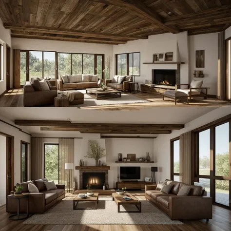 Living room, Contemporary rustic style, daytime, natural lighting, physically based rendering