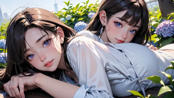 masterpiece、high resolution 8k、NSFW、sharp focus、contrast lighting、fine skin、muste piece、 highest quality、Ultra - High resolution、Super high resolution、Highly detailed CG、woman is laying down in a field of Hydrangea purple flowers、woman is wearing a pair of...