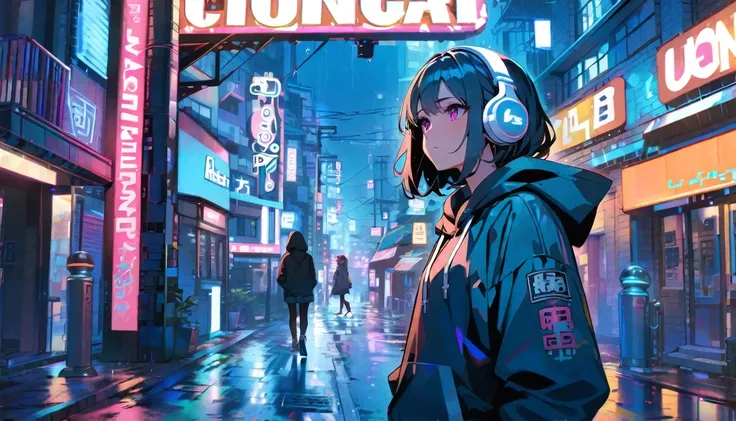 masterpiece,One girl,alone,Incredibly absurd,hoodie,Headphones, street,Outdoor,rain,Neon Light,