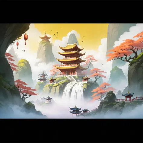 There is a painting of a pagoda in the mountains, Pagoda Figures, Cora Legend setting, Onmyoji detailed art, Temple Background, background technology, zen Temple Background, stylized concept art, Draw as game concept art, background technologywork, Anime L...