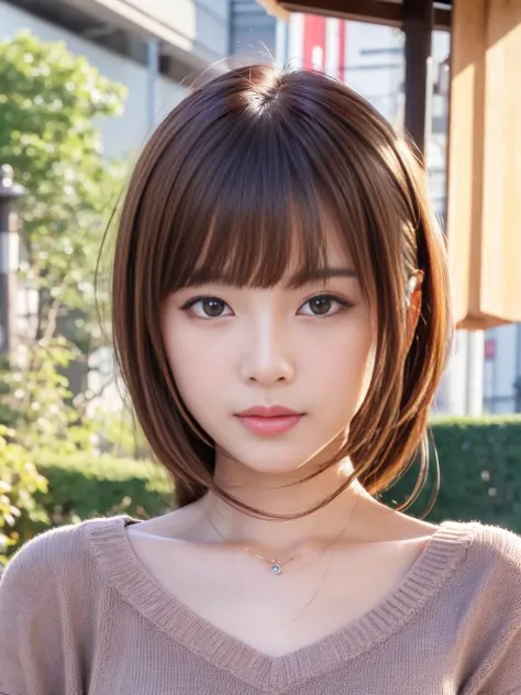 Ultra High Definition, Superior Quality, Premier Quality, ultra detailed, Photorealistic, 8k, RAW Photos, highest quality, masterpiece, Attractive girl, Stunning girl, Brown Hair, Shoulder Length Layered, asymmetrical bangs, Japanese Idol, Sophisticated, S...