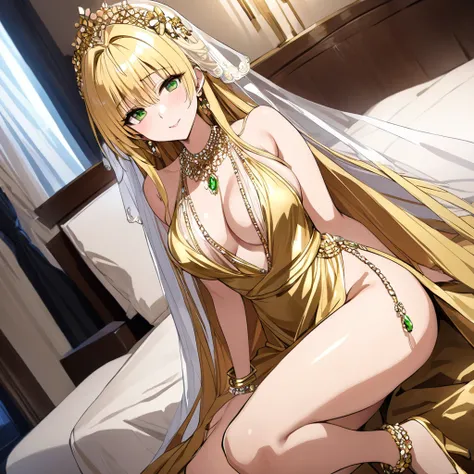 ((Highest quality)), ((masterpiece)), (detailed), （Perfect Face）、The woman was a thia, with green eyes and medium-long blonde hair. She was wearing a luxurious, shiny, and luxurious, gold-colored, long-slit see-through dress with gold embroidery and edging...