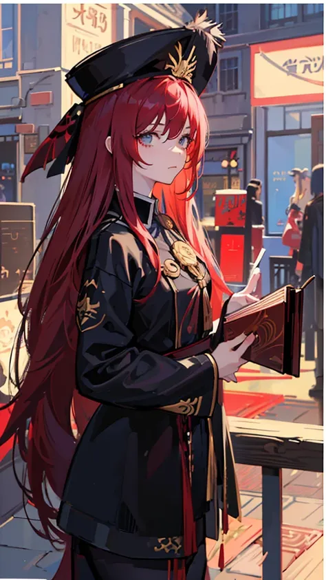 anime girl with long red hair and hat holding a bird, artwork in the style of guweiz, painted in anime painter studio, ilya kuvshinov with long hair, guweiz, made with anime painter studio, artgerm and atey ghailan, beautiful anime portrait, anime girl wit...