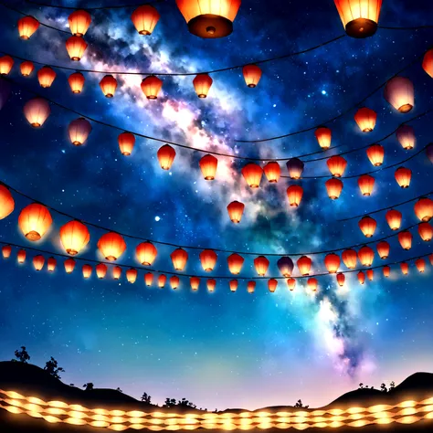 Summer festival、Japan、Bon dance、milky way、The composition ratio of the sky is 60%、No people、The number of lanterns６t