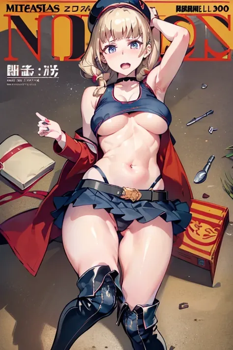 (masterpiece:1.2), (Military uniform magazine cover:1.4),best quality,PIXIV,Sweet girl , sexy posture,1girl, (perky chest:1.2), rolling upskirt by wind:1.6, (with sparkling eyes and a contagious smile),open mouth, (pointed chest:1.2),fishnets, black hair, ...