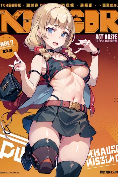 (masterpiece:1.2), (Military uniform magazine cover:1.4),best quality,PIXIV,Sweet girl , sexy posture,1girl, (perky chest:1.2), rolling upskirt by wind:1.6, (with sparkling eyes and a contagious smile),open mouth, (pointed chest:1.2),fishnets, black hair, ...