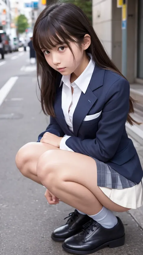 Japanese 18 year old high school girl、Navy blue blazer uniform、Gray and russet checked mini skirt、Crouching