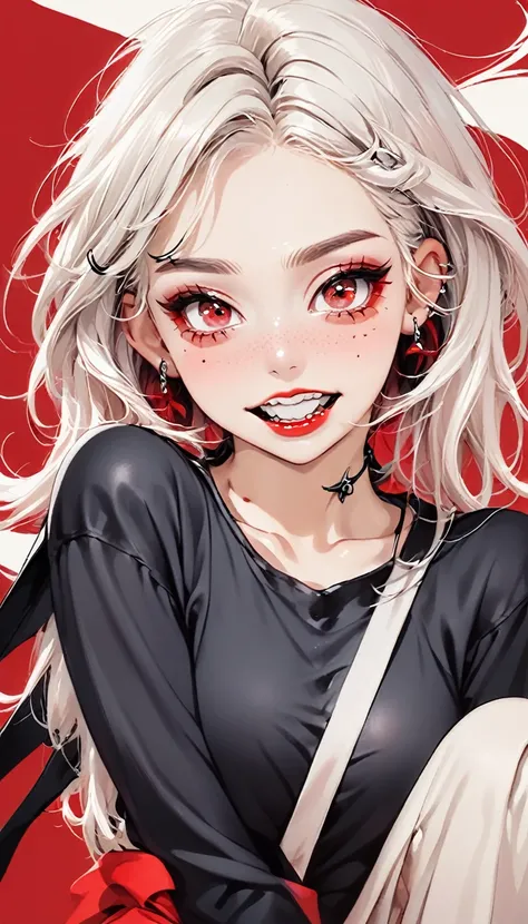 Red background, Beautiful white-haired girl with piercing red eyes, Open your lips wide and smile, Black nails, 