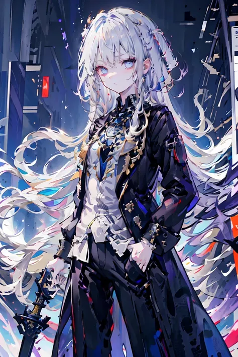 silver hair, fair skin, girl,  long hair, shirt, black trousers, black long coat, sword, sign of holding a weapon with one hand,...