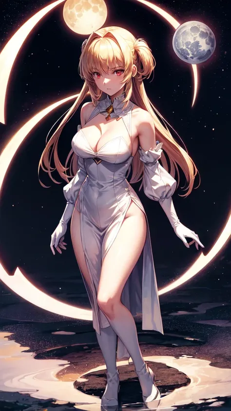 1girl, archetype earth (hime),arcueid (tsukihime), arcueid (dress), breasts, cleavage, detached collar, detached sleeves, full moon, gloves, large breasts, looking at viewer, moon, night, night sky, sky, annoyed, solo, white gloves, (standing:1.4), fullbod...