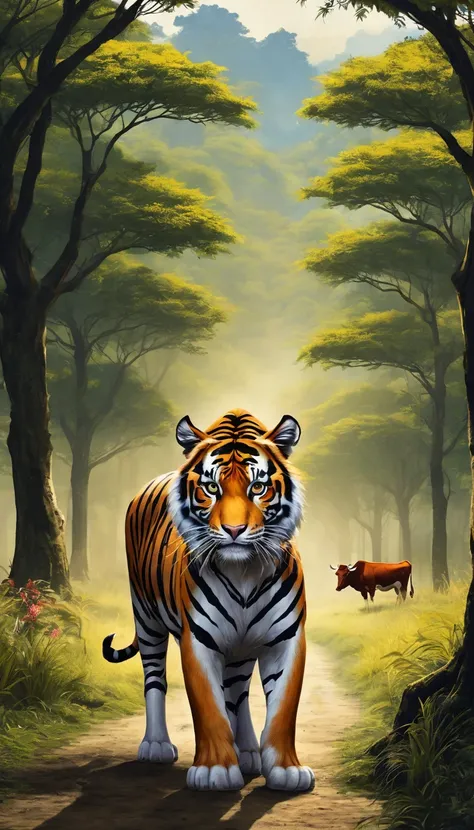 There is a kind of beast，Looks like a tiger but has a cow&#39;s tail（best quality，4K，8K，High level，masterpiece：1.2），Ultra Detailed，（lifelike，Photo real，Photo real：1.37），Highly detailed animals，Complex patterns，Realistic lighting，Fantasy Creatures