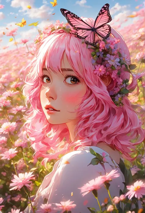 anime girl with pink hair and butterfly headband in a field of flowers, anime style 4 k, anime art wallpaper 4 k, anime art wall...