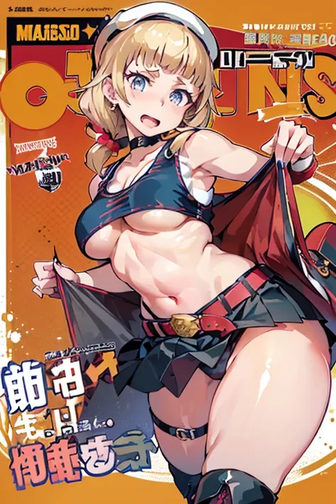 (masterpiece:1.2), (Military uniform magazine cover:1.4),best quality,PIXIV,Sweet girl , sexy posture,1girl, (perky chest:1.2), rolling upskirt by wind:1.6, (with sparkling eyes and a contagious smile),open mouth, (pointed chest:1.2),fishnets, black hair, ...