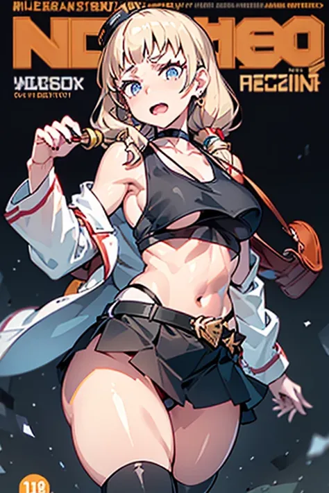 (masterpiece:1.2), (Military uniform magazine cover:1.4),best quality,PIXIV,Sweet girl , sexy posture,1girl, (perky chest:1.2), rolling upskirt by wind:1.6, (with sparkling eyes and a contagious smile),open mouth, (pointed chest:1.2),fishnets, black hair, ...