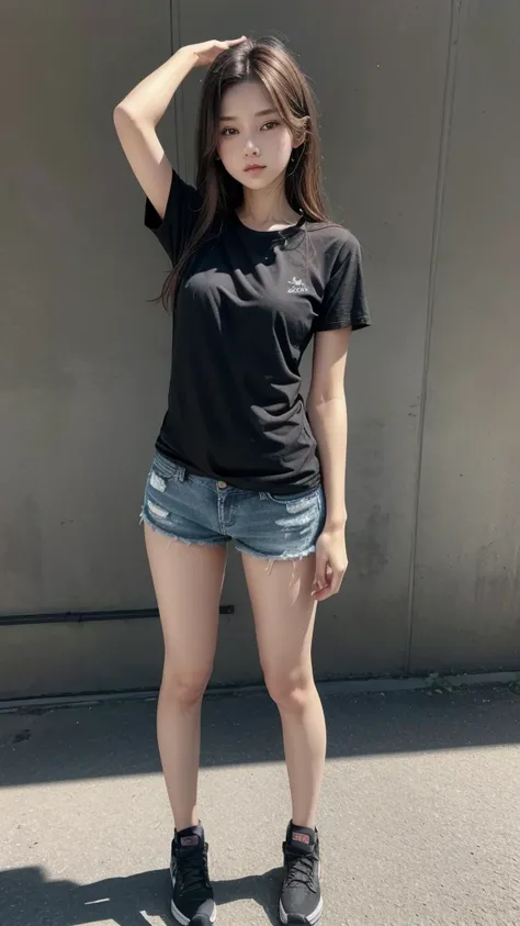 Greater definition, high sharpness. Realistic woman, clear skin, full body, small stature, small loose black t-shirt, exposed ambomen, short denim shorts, long brown hair