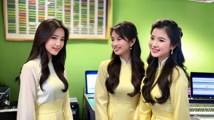 2 beautiful girls inside the music studio , wear vietnamese ao dai, high quality photos, hd, 4k