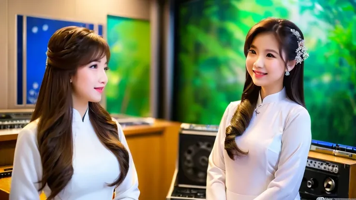 2 beautiful girls inside the music studio , wear vietnamese ao dai, high quality photos, hd, 4k