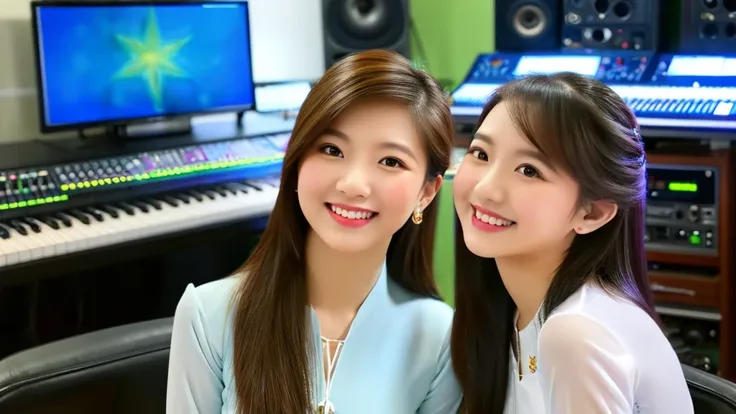 2 beautiful girls inside the music studio , Wear Vietnamese Ao Dai, High quality photos, HD, 4K