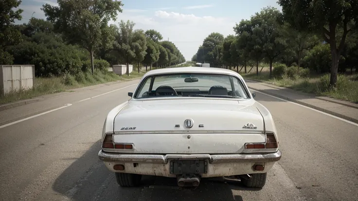 An old white car is driving along a deserted road with people. Rear view.