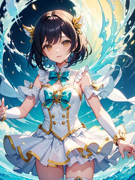 1girl, dress, idol costume, white clothes, layered skirt, teal color hair, yellow eyes, short straight hair, ((magical girl))