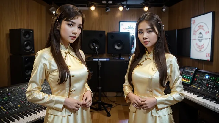 2 girls singing and posing inside a music studio , Wear Vietnamese Ao Dai, High quality photos, HD, 4K