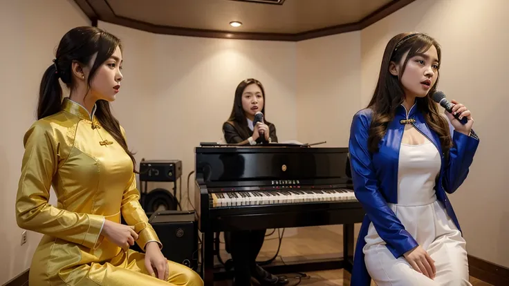 2 girls singing and posing inside a music studio , Wear Vietnamese Ao Dai, High quality photos, HD, 4K