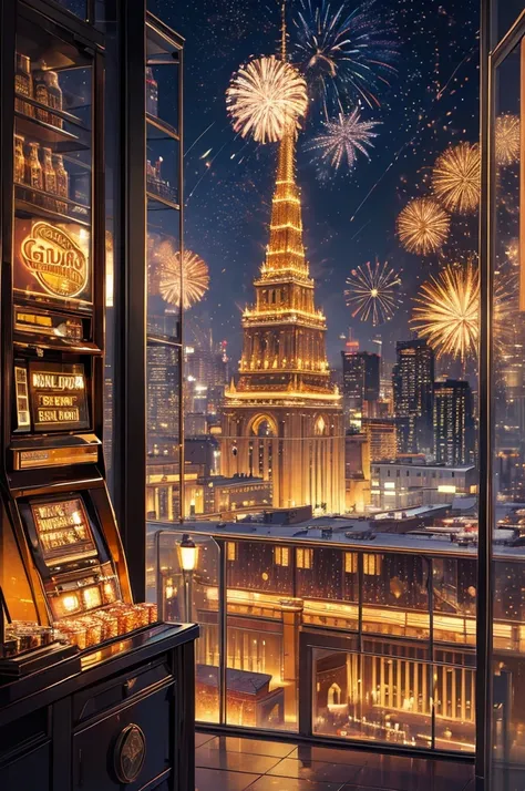 golden casino, night, downtown, HDR, 4k resolution, golden moon, firework, modern architecture, slot machine, indoor