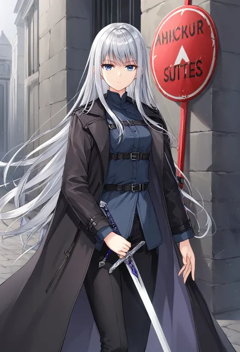 Perfect hands, Silver Hair, Fair skin, Girl, Long Hair, shirt, Black trousers, Black long coat, sword, Sign of holding a weapon with one hand, Expressionless purple and blue eyes