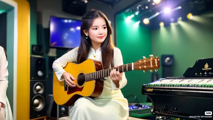 2 vietnamese girls inside the music studio , wear vietnamese ao dai, high quality photos, hd, 4k, chill