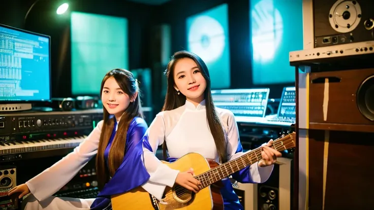 2 vietnamese girls inside the music studio , wear vietnamese ao dai, high quality photos, hd, 4k, chill