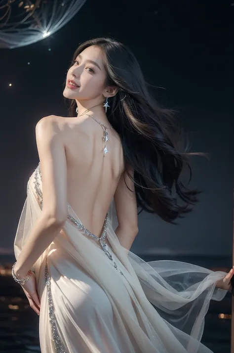 (((best quality))),(((ultra detailed))),(((masterpiece))),illustration,((A beautiful female astrologer,solo)),((slim,thin)),((bare back,towering hips,butt crack)),((shoulder length straight hair)),(laughing:1.2),(earrings,necklace),(sparkled sheer dress:1....