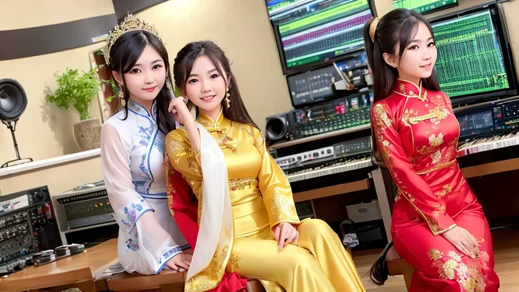 2 vietnamese girls inside the music studio , wear vietnamese ao dai, high quality photos, hd, 4k, chill