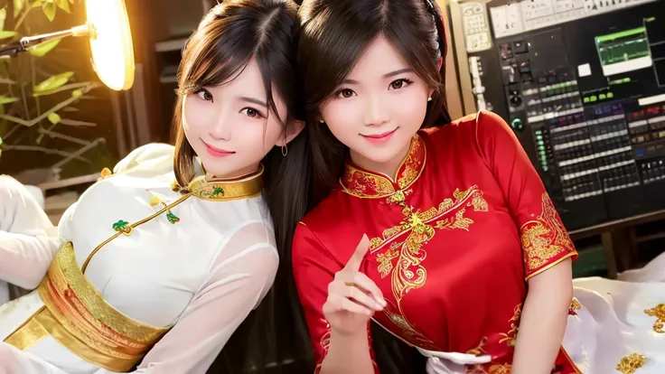 2 vietnamese girls inside the music studio , wear vietnamese ao dai, high quality photos, hd, 4k, chill