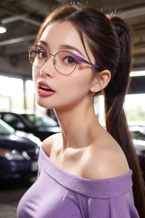 (Very detailed, Underground carpark, Are you okay, tongue, Big Breasts, Big Breasts, Big Breasts, F Cup, sexy, Purple Crew Neck Dress, Off the shoulder, Delicate face, Large diameter, Close-up of a person,Glasses,ponytail)