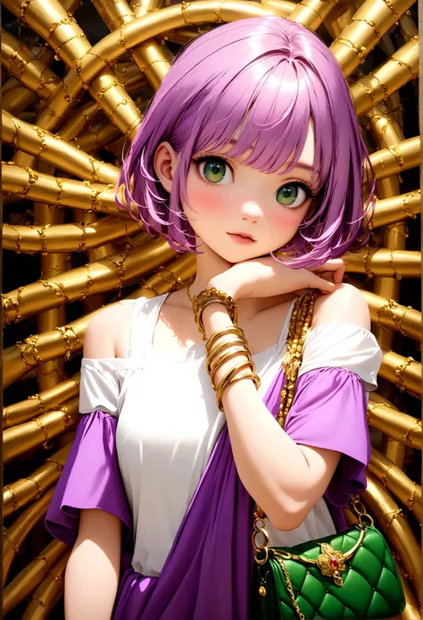 Purple pink short hair girl, Dark green eyes, Purple off-the-shoulder dress, White T-shirt underneath, Wearing a lot of gold bracelets, Green handbag, Crafty Face