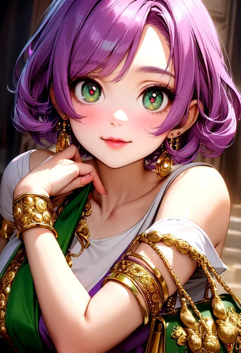 Purple pink short hair girl, Dark green eyes, Purple off-the-shoulder dress, White T-shirt underneath, Wearing a lot of gold bracelets, Green handbag, Crafty Face