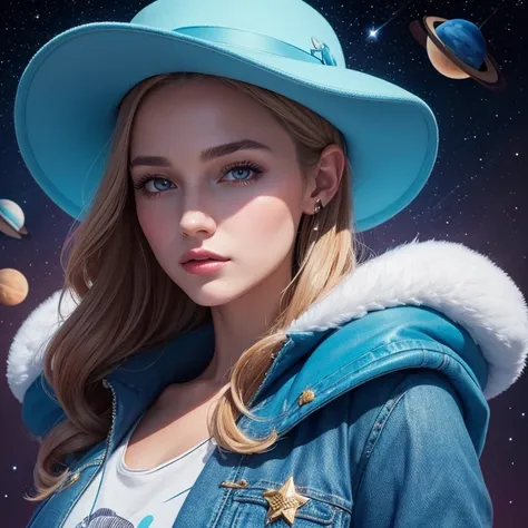 a close up of a European beautiful young woman wearing a hat and a blue jacket, jen bartel, ☁🌪🌙, illustration style, 2 d illustration, 2d illustration, in style of digital illustration, dreamy illustration, 2d digital illustration, dressed in stars and pla...