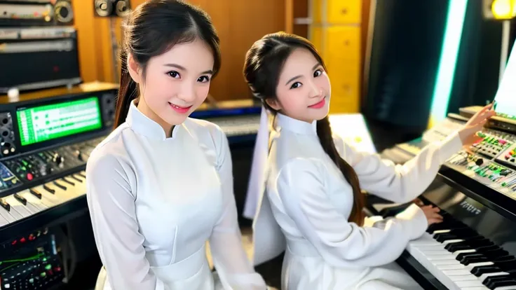 2 Vietnamese girls inside the music studio , Wear Vietnamese white ao dai, High quality photos, HD, 4K, chill