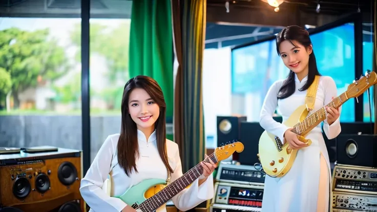 2 vietnamese girls inside the music studio , wear vietnamese white ao dai, high quality photos, hd, 4k, chill