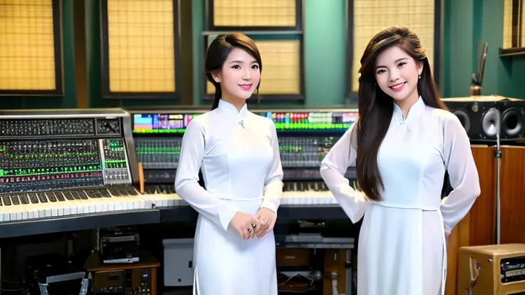 2 vietnamese girls inside the music studio , wear vietnamese white ao dai, high quality photos, hd, 4k, chill